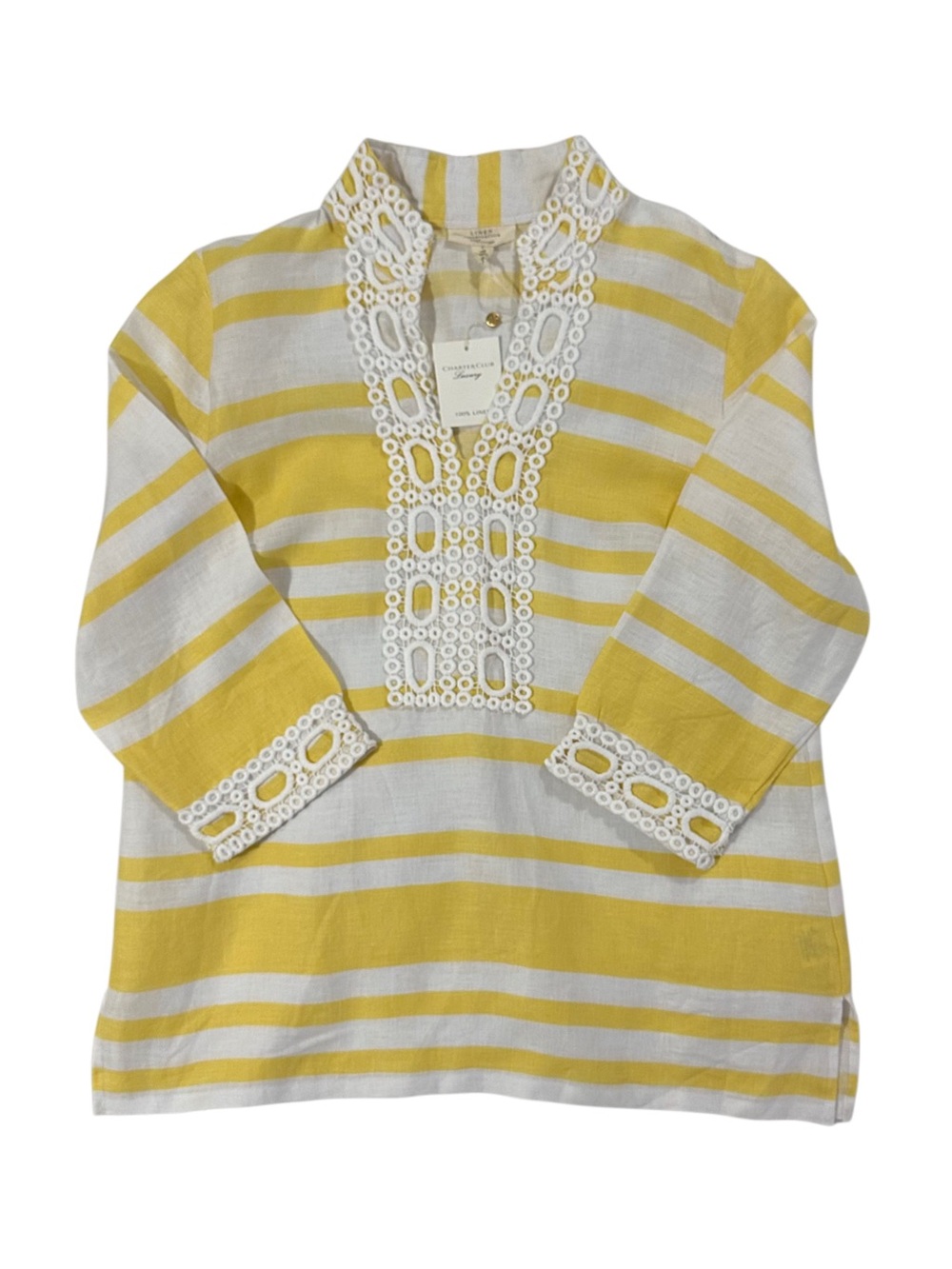 Charter Club Linen Yellow White Stripe Eyelet Lace Tunic Top NWT Large